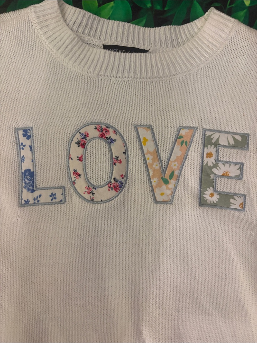 Sincerely Jules Cream 'LOVE' Floral Appliqué Crew Sweater - Picture 2 of 3